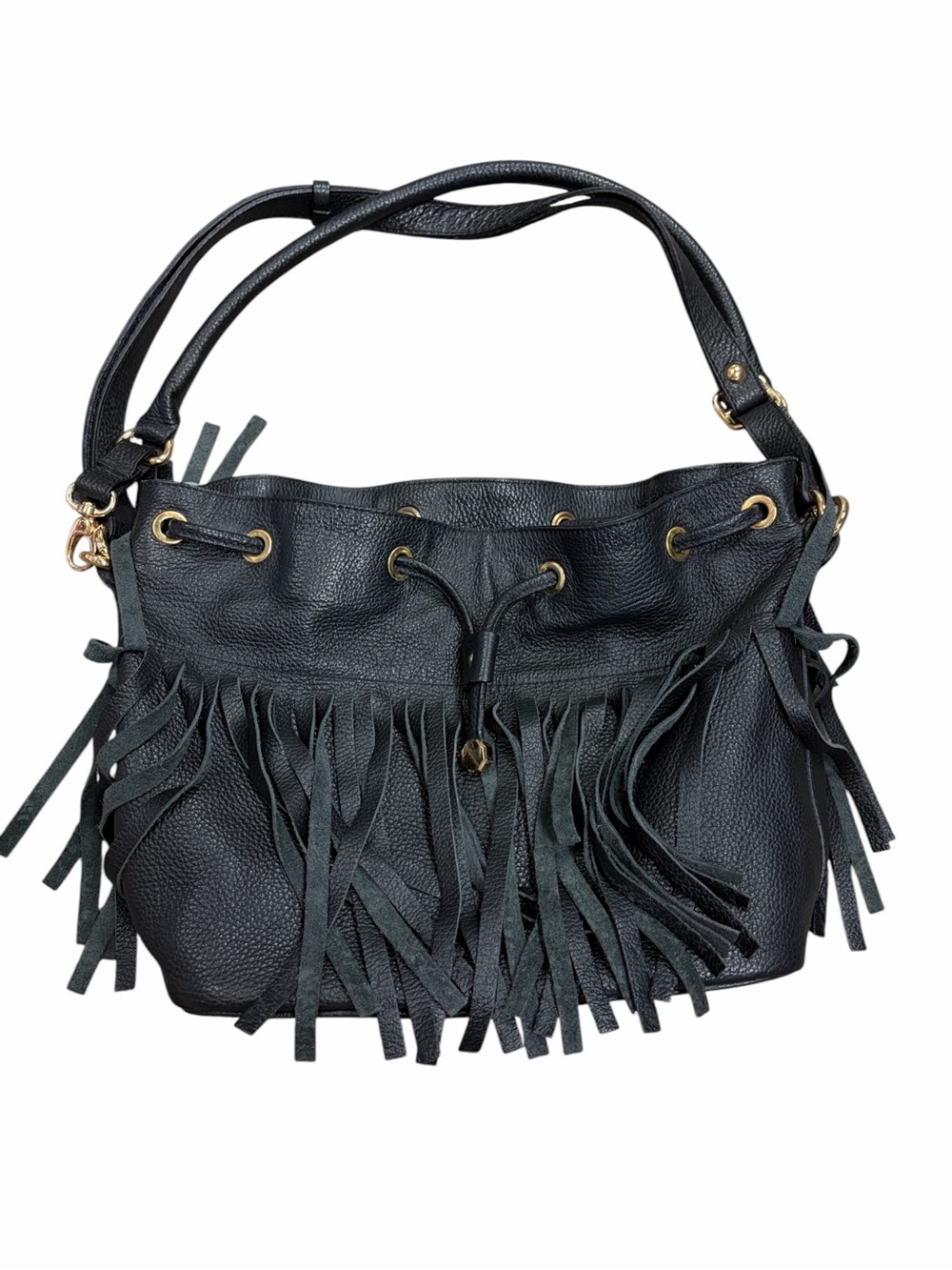 Alberta Di Canio Sydney Black Fringe Leather Bucket Shoulder Bag